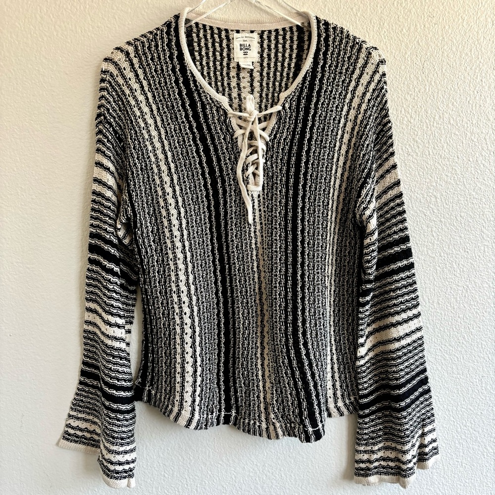Billabong bell sleeve 70s lace up sweater M open knit striped boho hippie tunic